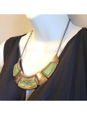 Dana Buchman Statement Panel Necklace Bronze Toned Metal & Green Resin